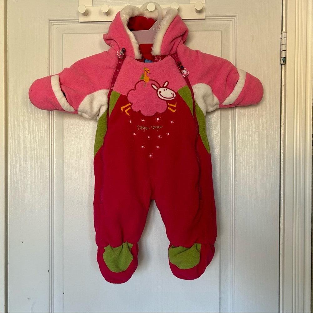 Gagou Tagou Pink One Piece Snow suit Hooded Winter 3 Months Baby Girl